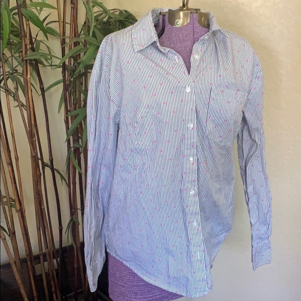 Pinstripe with pink polka dot button up